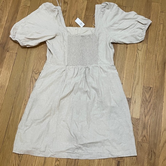 Old Navy Women's Large Tall Tan Button Front Puff Sleeve‎ Milkmaid Dress NWT - Picture 6 of 6